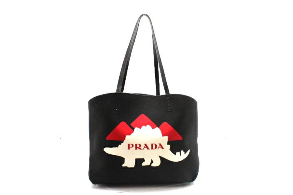 Prada Dinosaur Shoulder Tote Bag Canvas Leather Black Red White
